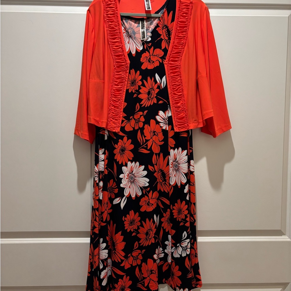Julian Taylor Orange Floral Dress with Ruffled Trim Shug.